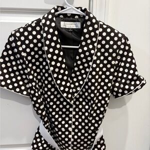 Tahari Black and White Polka Dot Blouse with Notch Collar